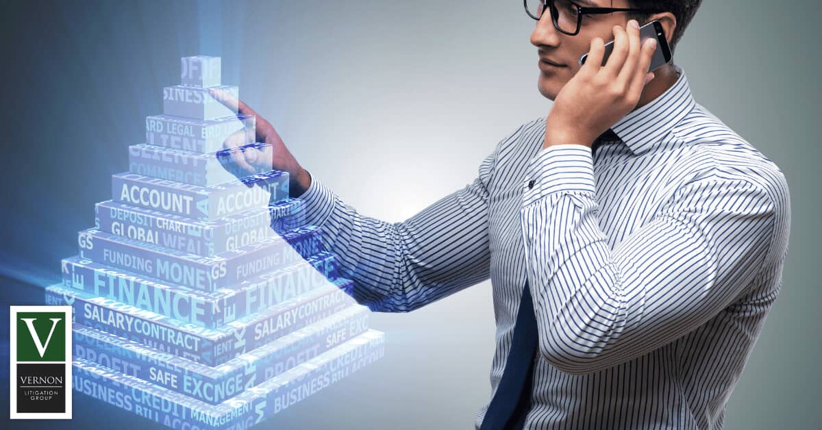 man touching a graphic representing a Ponzi Scheme